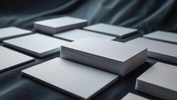 Stack of blank business cards resting on dark surface. photo