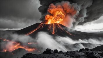 Spectacular volcanic eruption with intense fire and smoke in fiery display.Spectacular volcanic eruption with intense fire and smoke in fiery display. photo