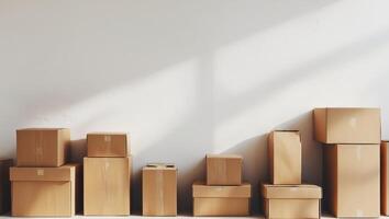 Stacked cardboard boxes in various sizes and orientations photo