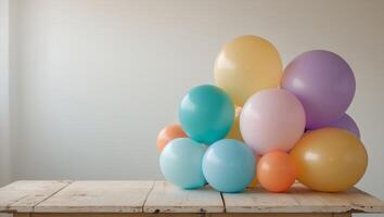 A bunch of balloons floating on top of a wooden table. photo