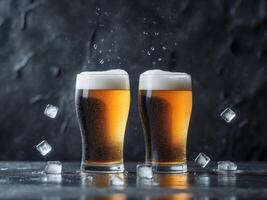 Two glasses of cold beer with ice cubes falling on dark background. photo