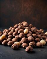 Pile of Brown Macadamia Nuts with Shells on Dark Background. photo