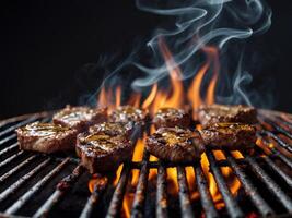 A la parrilla carne piezas en parilla parrilla con llamas y fumar en un oscuro antecedentes. foto
