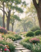 Garden path surrounded by trees and flowers in a peaceful park landscapeGarden path surrounded by trees and flowers in a peaceful park landscape. photo