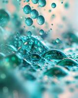 Cascading water droplets create an abstract wallpaper with vibrant colors and soft reflections photo