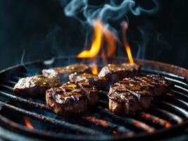 Grilled Meat Pieces on Barbecue Grill with Flames and Smoke in a Dark Background.Grilled Meat Pieces on Barbecue Grill with Flames and Smoke in a Dark Background. photo