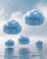 Fluffy blue cloud creatures floating on water under a cloudy sky. photo