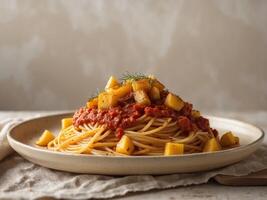 Delicious Spaghetti with Tomato Sauce and Diced Squash.Delicious Spaghetti with Tomato Sauce and Diced Squash. photo