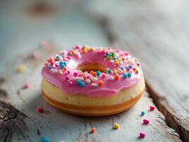Freshly baked donut with pink frosting and sprinkles on wooden surface.Freshly baked donut with pink frosting and sprinkles on wooden surface. photo