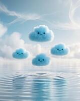 Fluffy blue cloud creatures floating on water under a cloudy sky.Fluffy blue cloud creatures floating on water under a cloudy sky. photo