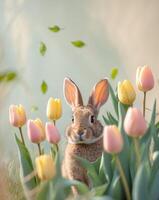 Ears of a Curious Rabbit Peeking out From Vibrant Tulips in a Serene Spring GardenEars of a Curious Rabbit Peeking out From Vibrant Tulips in a Serene Spring Garden. photo
