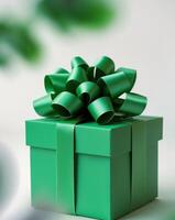 a close up of a green gift box with a green bowa close up of a green gift box with a green bow. photo