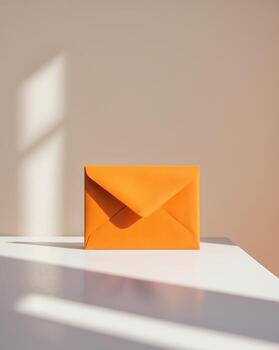 an orange envelope with a folded flap on a table.an orange envelope with a folded flap on a table. photo