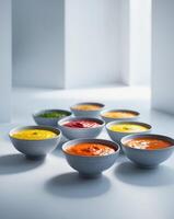 A group of bowls filled with different types of saucesA group of bowls filled with different types of sauces. photo