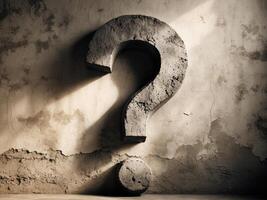 Rustic wall with textured large question mark and natural shadow in vintage style photo