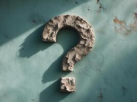Textured teal wall with a rugged large question mark and sunlight shadow effect. photo