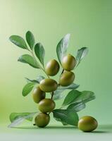 A bunch of green olives with leaves on a green background photo