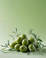 A bunch of green olives with leaves on a green backgroundA bunch of green olives with leaves on a green background. photo