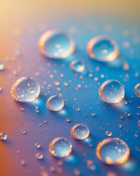 un cerca arriba de agua gotas en un azul y naranja superficiea cerca arriba de agua gotas en un azul y naranja superficie. foto