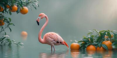 a pink flamingo in a pool with oranges and leaves photo