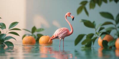 a pink flamingo in a pool with oranges and leavesa pink flamingo in a pool with oranges and leaves. photo