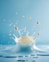 A splash of milk with bubbles on a blue backgroundA splash of milk with bubbles on a blue background. photo