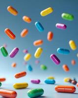 Colorful pills falling or flying on blue background with depth of fieldColorful pills falling or flying on blue background with depth of field. photo