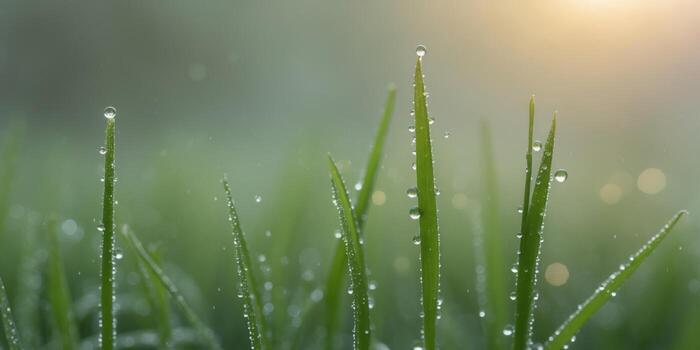 Rocío gotas en joven verde césped dispara a amanecer foto
