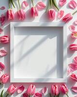 Elegant white square frame surrounded by vibrant pink tulip petals on a clean background ideal for floral mock up and design presentations photo