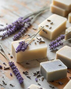 Handmade natural soaps with lavender on rustic surfaceHandmade natural soaps with lavender on rustic surface. photo