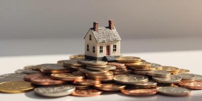 Miniature House Surrounded by Pile of Coins photo