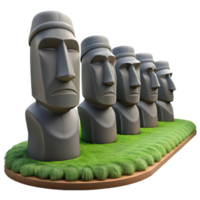3D Row of Moai Statues on a Grass Platform png