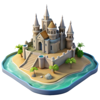 3D tidal sandcastle on a scenic island. png