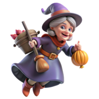 3D whimsical depiction of a witch holding a broom png