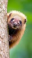 Curious Japanese Badger Peeking from a Tree Trunk photo