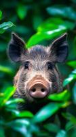 Close-up of a wild boar's head and snout peering inquisitively through a dense jungle. photo
