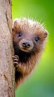 A captivating close-up of a tiny hedgehog, its soft, spiky fur and large, expressive eyes are the focal point. photo