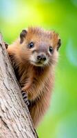 A captivating close-up of a brush-tailed phascogale, a small marsupial, looking directly at the camera while partially hidden behind a textured tree trunk. photo
