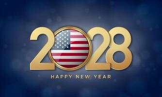 2028 Happy New Year Background Design with American Flag Badge. vector