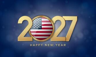 2027 Happy New Year Background Design with American Flag Badge. vector
