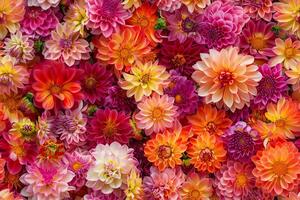 Floral background, red dahlias showcase bright colors in full bloom, creating a stunning floral arrangement during daylight. photo