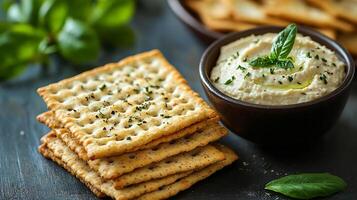 Stack of whole wheat crackers next to a bowl of creamy dip with fresh herbs on a wooden table photo