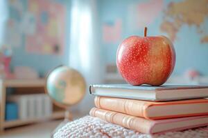 Stack of colorful school books with a shiny apple against a soft classroom backdrop photo