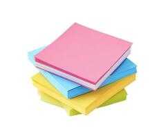 Colorful sticky notes stacked on a clean white surface for organization and brainstorming tasks photo
