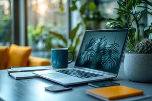Open laptop with plant visuals on display in a cozy workspace setting photo
