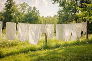 Linen sheets dry on a clothesline while surrounded by lush greenery and soft sunlight on a warm afternoon. photo