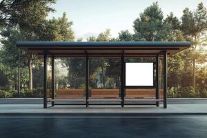 Bus stop shelter with advertisement panel mockup and a wooden bench in a quiet suburban neighborhood. photo