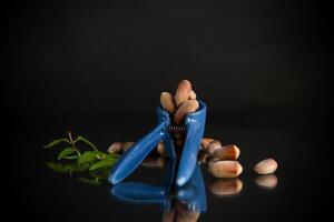 Natural products,hazelnuts with nutcracker isolated on black background photo