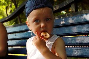 Cute little boy snacking on the bench in park photo