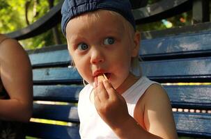 Cute little boy snacking on the bench photo